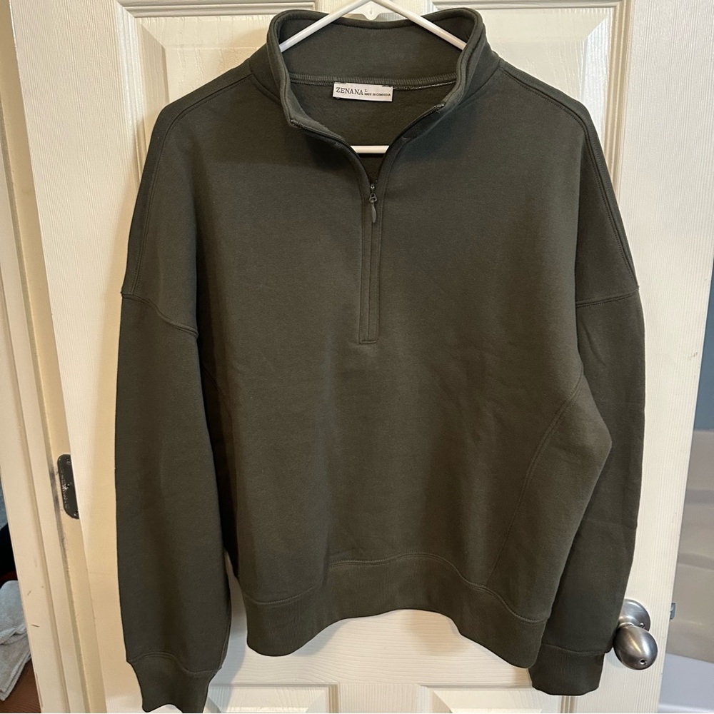 NWOT Women’s Zenana Olive Green Half-Zip pullover, size large